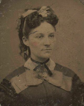 Old Vintage Antique Tintype Photo Young Lady Woman W/ Hair Neck Bows & Choker