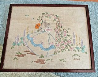 Vintage Framed Embroidered Picture Of Lady In Crinoline Ww2 1939