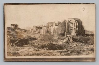 Ww1 Antique French Real Photo Rppc Postcard / Bombed Church Ruins At Varennes