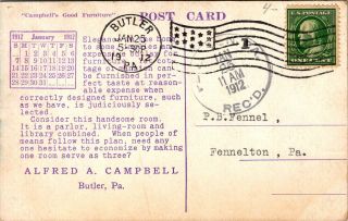 Vtg 1910 ' s Campbell ' s Good Furniture Trade Card,  Butler Pennsylvania PA Postcard 2