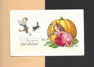 Girl Plays Jol Prank,  Frightened Boy & Black Cat Vintage 1916 Halloween Postcard