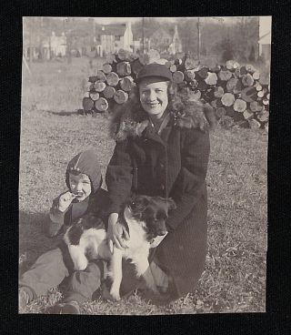 Old Vintage Antique Photograph Woman & Little Boy Sitting W/ Puppy Dog In Garden