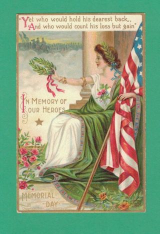 Vintage Memorial Day Patriotic Postcard Lady Liberty Throne Flag Laurel Wreath