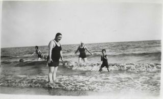 Vintage Old Holiday Photograph Families Playing In The Sea 1920 