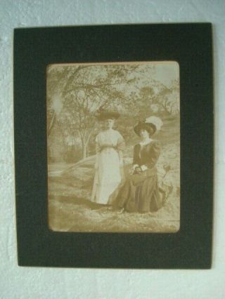Antique Old Photograph Group Of 2 Victorian Women Outside Wearing Large Hats
