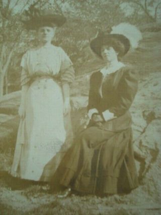 Antique Old Photograph Group of 2 Victorian Women Outside Wearing Large Hats 2