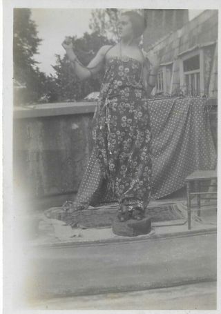 Vintage Old Photograph Pretty Young Lady Long Dress Round Pedestal Garden 1920 
