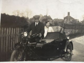 Vintage Photo Snapshot Man & Woman On Old Early Motorcycle & Sidecar