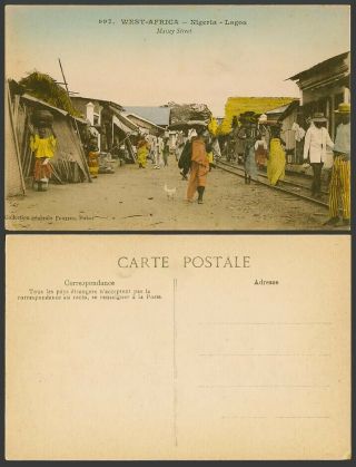 Nigeria Old Colour Postcard Lagos Massey Street Scene Chicken Bird Railroad Huts