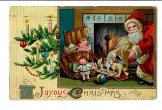 Old Santa Claus Postcard Christmas Year Greeting Holiday Vintage Sleigh Toys
