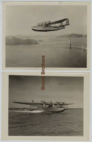 Vintage 1930s Aviation Pan American Clipper Over Golden Gate Bridge Photos (2pc)