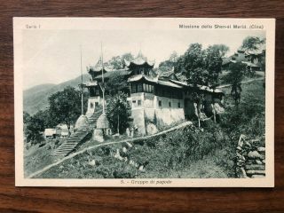 China Old Postcard Mission Chinese Village Temple Pagoda Shen Si