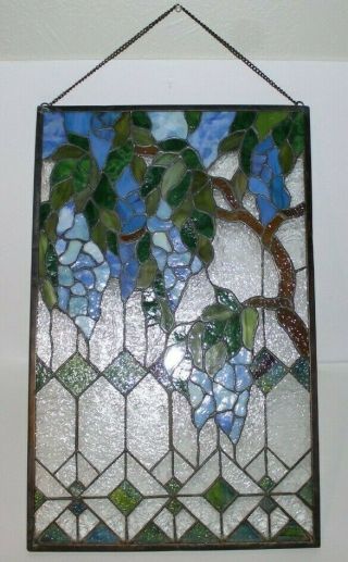 Antique Stained Glass Window/wall Hanging - Grapes In The Sun Scene 21.  25 " X13.  5 "