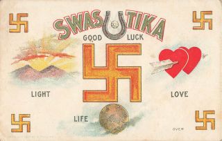 Vintage 1910 Good Luck Swastika Whirling Log Photo Postcard Pre - Ww2 Rare