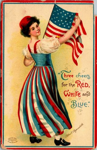 Vtg 1910 3 Cheers For Red White Blue Signed Ellen Clapsaddle Patriotic Postcard