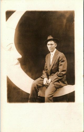 Young Man Sitting On Paper Moon Old Studio Prop Real Photo Postcard View
