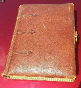 Antique Leather Photo Album W/ Brass Clasp,  1880s,  16 Thick Heavy Pages,  Ex.  Cond.