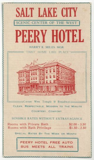 1915 Salt Lake City,  Utah - Vintage Hotel Advertising Postcard - Very Scarce