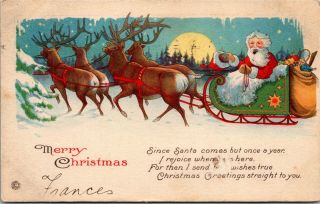 Vintage 1920 Santa Claus With Reindeer And Sleigh,  Merry Christmas Postcard