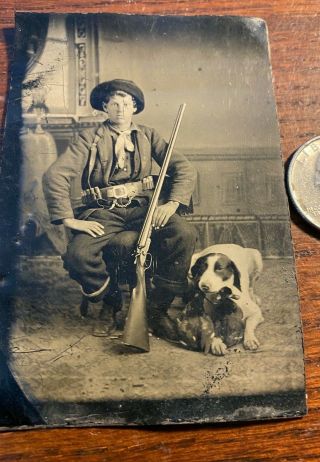 Tintype Photo Hunter And Dog Gun Duck