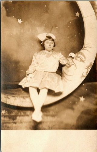 Young Girl Sitting On Paper Moon Old Studio Prop Real Photo Postcard View