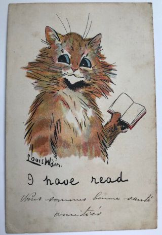 pc 1905 CAT read a book a/s LOUIS WAIN old Cat Chat Katze postcard 2