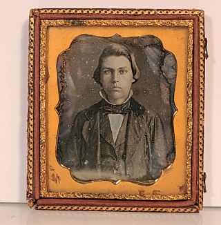 Antique Early Tintype Boy - Young Man In Partial Case 1/6 Plate