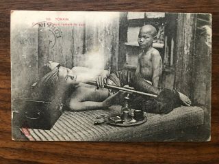 China Old Postcard Chinese People Smoking Opium Yunnan Yunam To France 1909