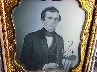Victorian Gentleman Holding A Cane Daguerreotype Photograph