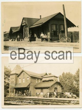 2 Old Real Photo Postcards Cornwall,  Pa Penn Railroad Train Station & Store