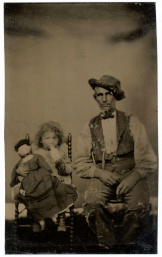 Rare Huge Doll Held By Child Drinking Milk Occupational Dad Plasterer Tintype