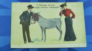 Vintage Comic Postcard 1905 Donkey Tail Message Love Through Wireless Telegraph