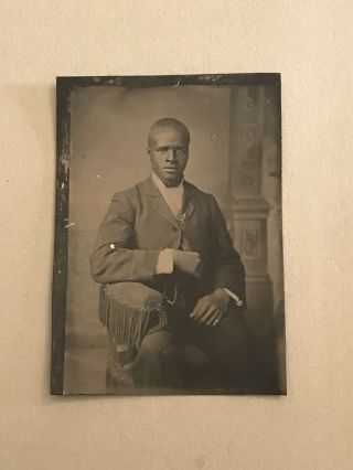 Rare Vintage Tintype Of African American Man Sitting In Velvet Chair
