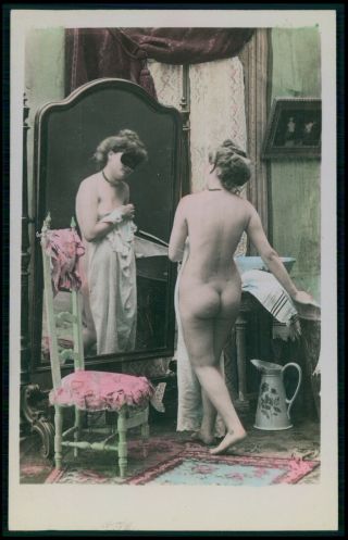 French Nude Woman Butt Mirror Mask Old 1910 Tinted Color Photo Postcard