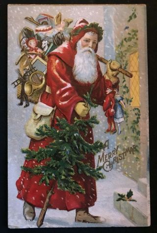 Old World Long Red Robe Santa Claus W.  Toys Tree Vintage Christmas Postcard - H92