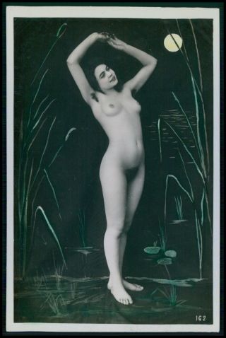 French Full Nude Woman In The Wild Night Old 1910s Tinted Color Photo Postcard