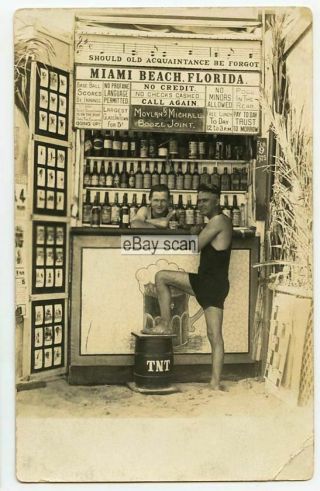 Old Real Photo Postcard View 2 Men At Outdoor Beach Bar Miami Beach,  Fl Florida