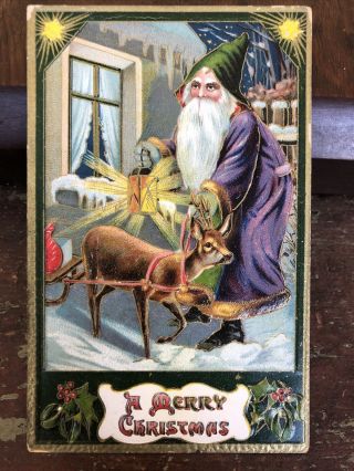 True Vintage Old World Santa Xmas Postcard Purple Coat Green Cap Deer