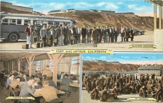Vintage Postcard Multiview Fort Macarthur San Pedro Ca Selectees Arriving By Bus