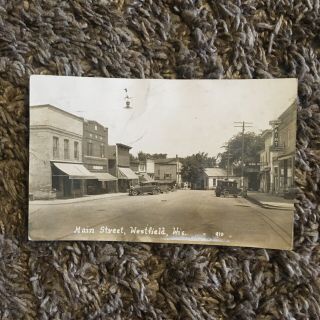 1929 Rppc View Main Street Westfield Wisconsin Sun Proof Paint Old Cars