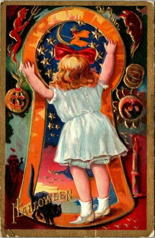 Halloween Series Number 3 Old Embossed Postcard Little Girl Black Cat Devil