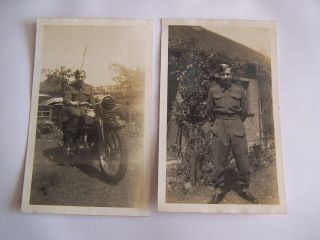 2 X Photographs Ww2 Military Soldier On Vintage Ariel Motorcycle & Standing 1944