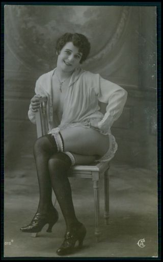 French Risque Woman Near Nude Legs & Butt Vintage 1920s Photo Postcard