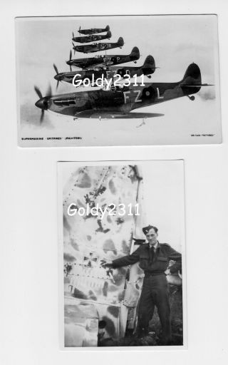 Raf Ww2 Spitfire Wartime Postcard & Wrecked Luftwaffe Aircraft Photo