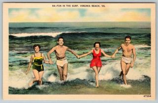 Virginia Beach Va Fun In The Surf Vintage Linen Postcard Swimwear Bathing Suits