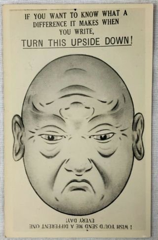 Vintage Postcard Happy Sad Face Write Soon Turn Upside Down Card Mad Glad Art