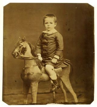 Vintage Large Photo Kid Young Boy On Rocking Wooden Horse Cheval De Bois Ca 1865