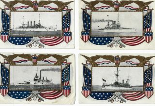 (4) Vintage Patriotic Flag Border Photo Rppc U.  S.  Navy Ship Postcards Pre Ww 1