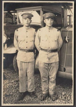 Tq9 Ww2 Japan Army Photo 2 Soldiers In Military Truck Garage