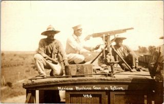 Border War - Mexican Machine Gun In Action - Old Real Photo Postcard